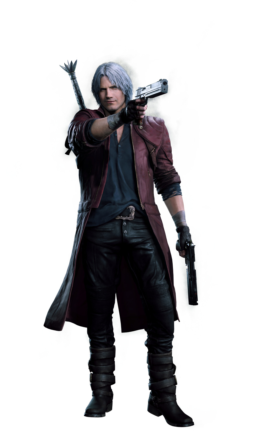 1boy absurdres aiming_at_viewer beard boots capcom dante_(devil_may_cry) devil_may_cry devil_may_cry_5 facial_hair fingerless_gloves gloves gun handgun highres jacket looking_at_viewer official_art open_collar realistic red_jacket short_hair silver_hair simple_background solo sword weapon weapon_on_back
