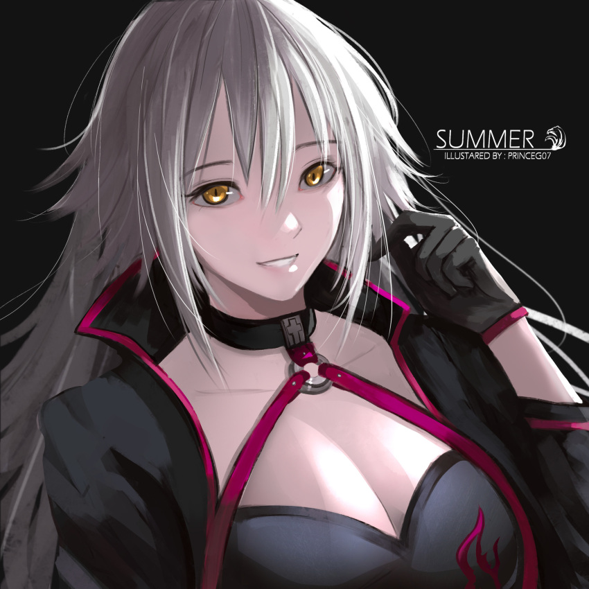 1girl :d artist_name bangs bikini black_background black_bikini black_choker black_gloves black_jacket breasts choker cleavage collar commentary cropped_jacket english_commentary face fate/grand_order fate_(series) george_christian gloves hair_between_eyes hands_up highres jacket jeanne_d'arc_(alter_swimsuit_berserker) jeanne_d'arc_(fate)_(all) katana large_breasts long_hair looking_at_viewer o-ring o-ring_bikini o-ring_top open_mouth silver_hair smile swimsuit sword weapon yellow_eyes