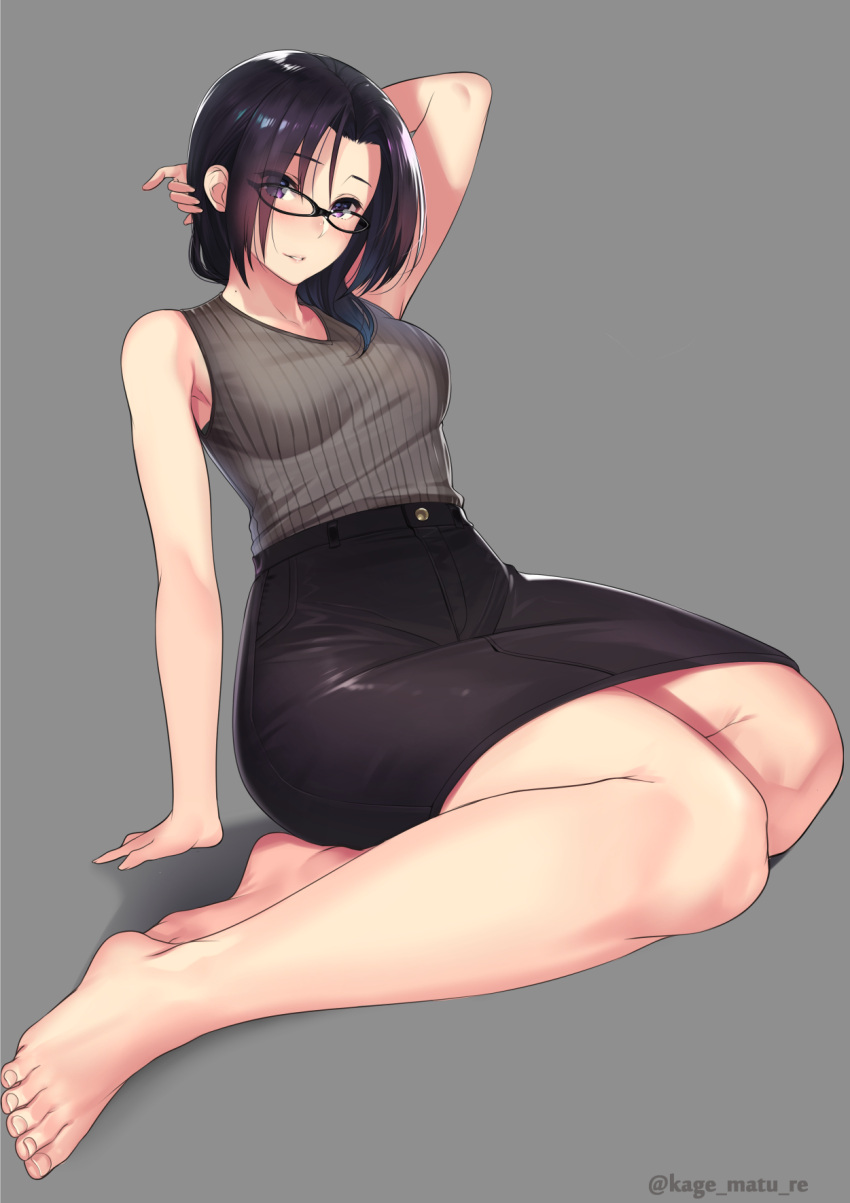 1girl arm_behind_head arm_support arm_up bare_arms bare_legs bare_shoulders barefoot black-framed_eyewear black_hair black_skirt breasts eyebrows_visible_through_hair eyes_visible_through_hair feet full_body glasses grey_background grey_shirt highres kagematsuri long_hair looking_at_viewer medium_breasts mole mole_on_neck original parted_lips shadow shiny shiny_clothes shiny_hair shirt shirt_tucked_in simple_background sitting skirt sleeveless sleeveless_shirt solo twitter_username yokozuwari