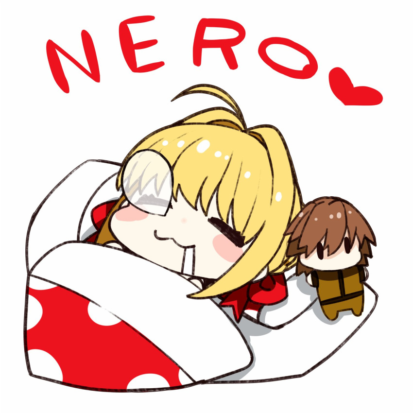 1girl :3 =_= ahoge blanket blonde_hair blush bow character_doll closed_eyes doll drooling fate/extra fate/grand_order fate_(series) futon hair_intakes heart highres kishinami_hakuno_(male) kou_mashiro lying medium_hair nero_claudius_(fate) nero_claudius_(fate)_(all) on_back pillow saber_extra sleeping solo stuffed_toy white_background |_|