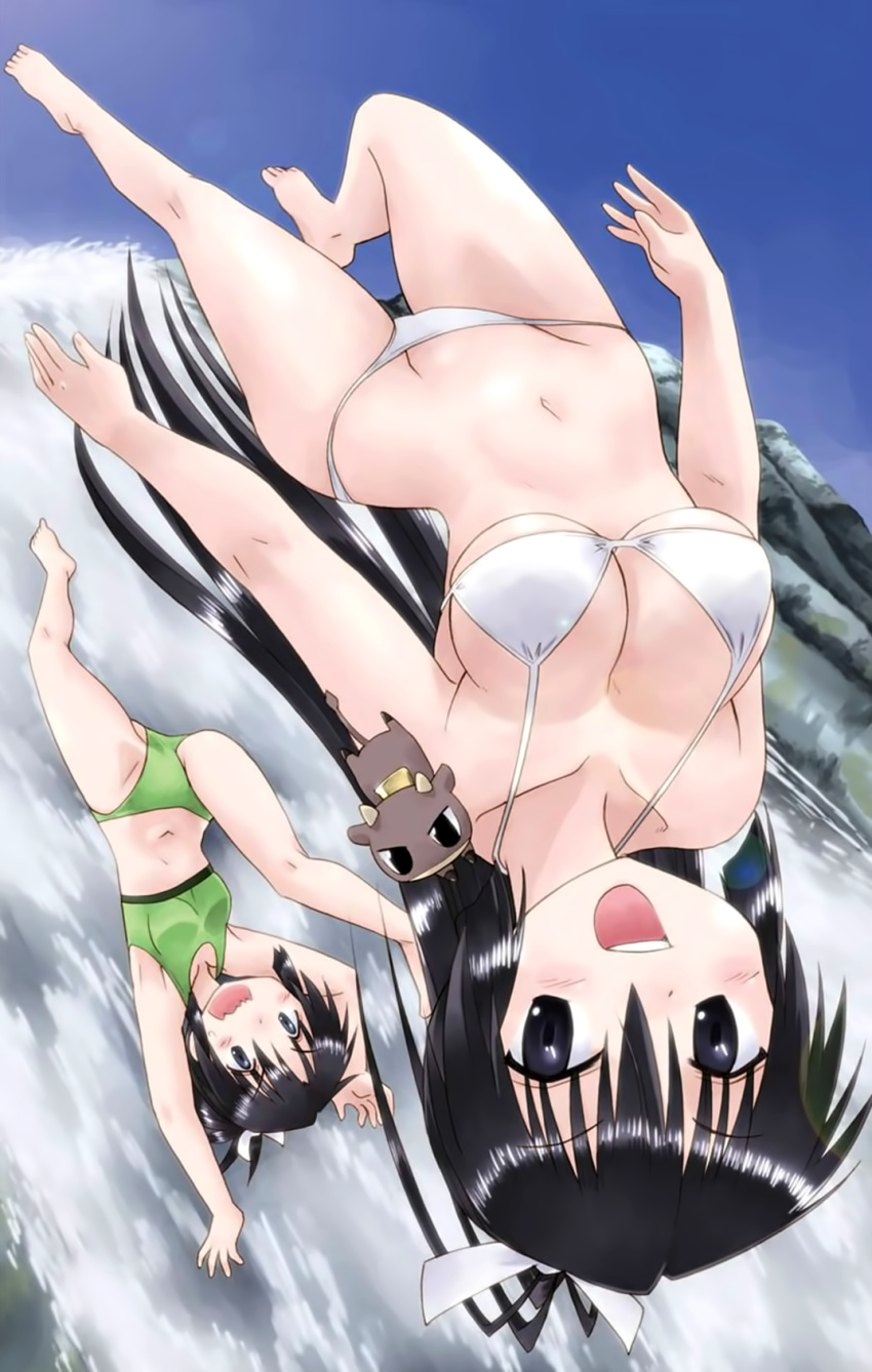 2girls animal antenna_hair armpits arms_up bangs bare_arms bare_legs bare_shoulders barefoot beef_jerky_(nagasarete_airantou) bikini black_eyes black_hair blue_sky breasts cleavage collarbone cow day eyebrows_visible_through_hair falling fujishiro_takeshi full_body gluteal_fold green_bikini groin hair_tie highres kneepits legs long_hair medium_breasts midair mikoto_(nagasarete_airantou) multiple_girls nagasarete_airantou navel official_art open_mouth outdoors ponytail rock scan shinobu_(nagasarete_airantou) sky small_breasts sports_bikini swimsuit thighs under_boob upper_teeth upside-down v-shaped_eyebrows water waterfall wavy_mouth white_bikini white_swimsuit