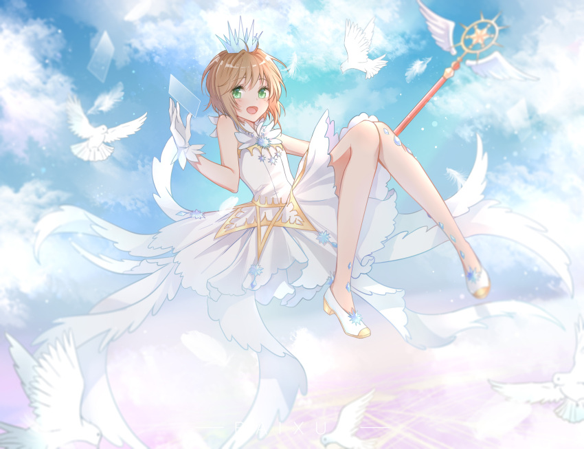 1girl bird brown_hair card_captor_sakura crown dress full_body gloves green_eyes highres holding holding_staff kinomoto_sakura magical_girl nichts_(pixiv19636538) pumps short_dress short_hair sleeveless sleeveless_dress solo staff white_dress white_feathers white_footwear white_gloves