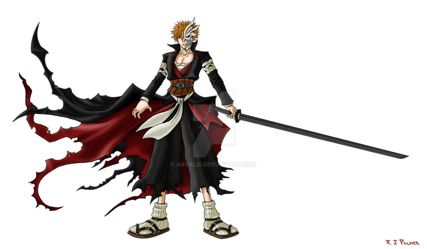 1boy arvalis bankai bleach highres holding holding_sword holding_weapon hollow_mask japanese_clothes katana kurosaki_ichigo male_focus orange_hair spiky_hair sword tensa_zangetsu_(bankai) vizard weapon white_background