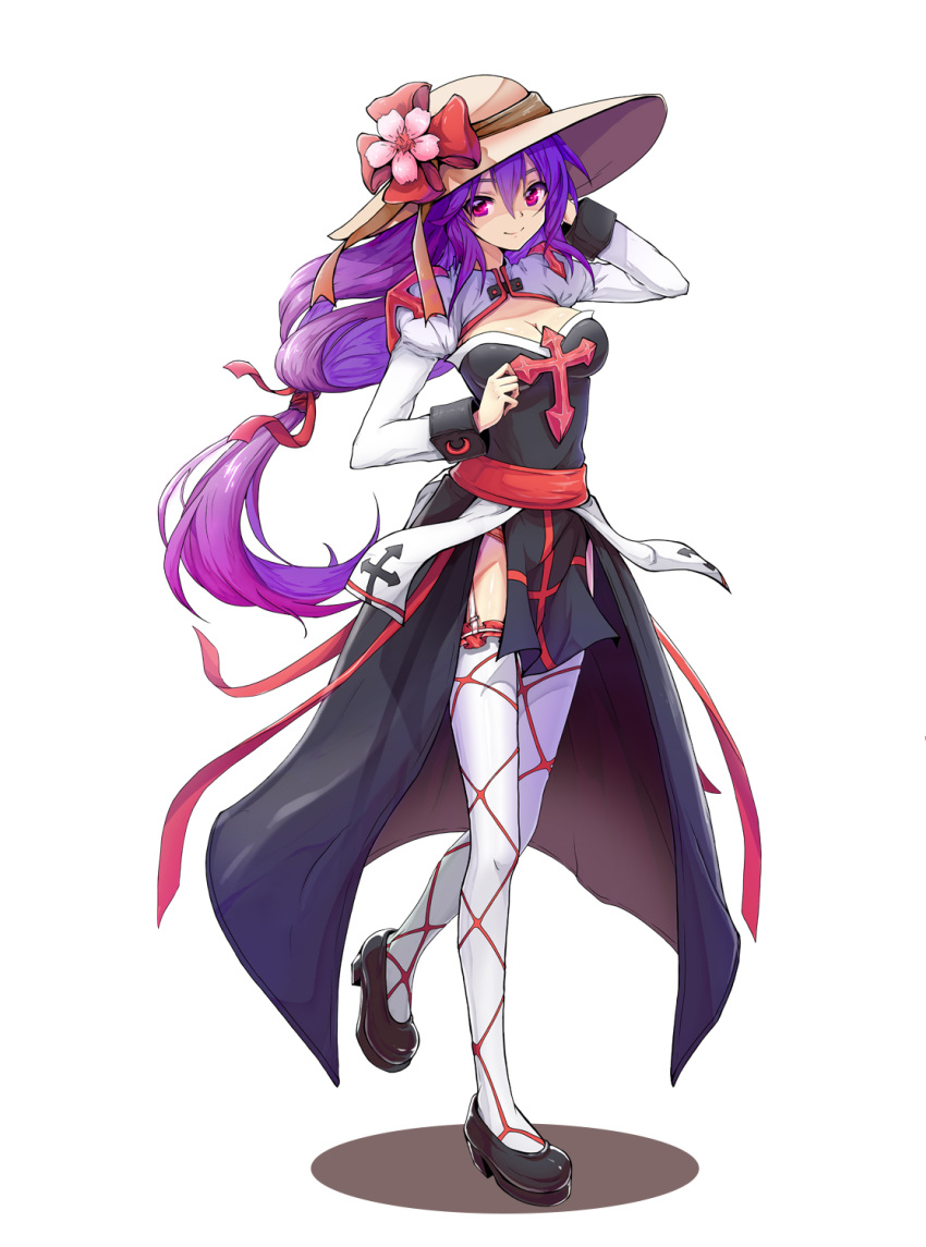 1girl archbishop arina_chaika bow breasts cross flower full_body garter_belt garters hairband hat highres long_hair looking_at_viewer low-tied_long_hair medium_breasts pelvic_curtain purple_hair ragnarok_online self_upload smile solo tape thigh-highs very_long_hair wind