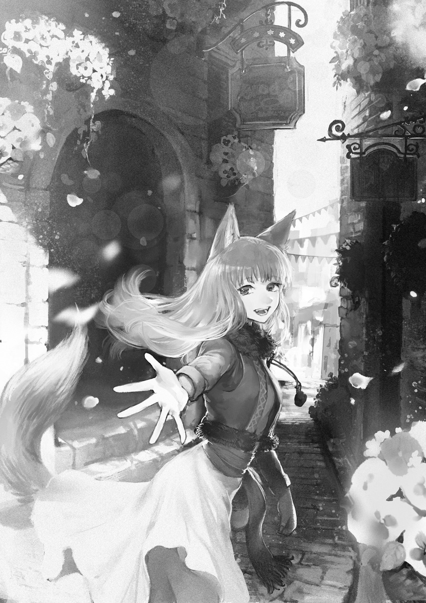 1girl absurdres animal_ears cityscape commentary_request dress eyebrows_visible_through_hair flower fur-trimmed_vest fur_collar highres holo idarintarou long_dress long_hair looking_at_viewer monochrome open_mouth outstretched_arm pouch road scenery sett solo spice_and_wolf street tail wolf_ears wolf_girl wolf_tail