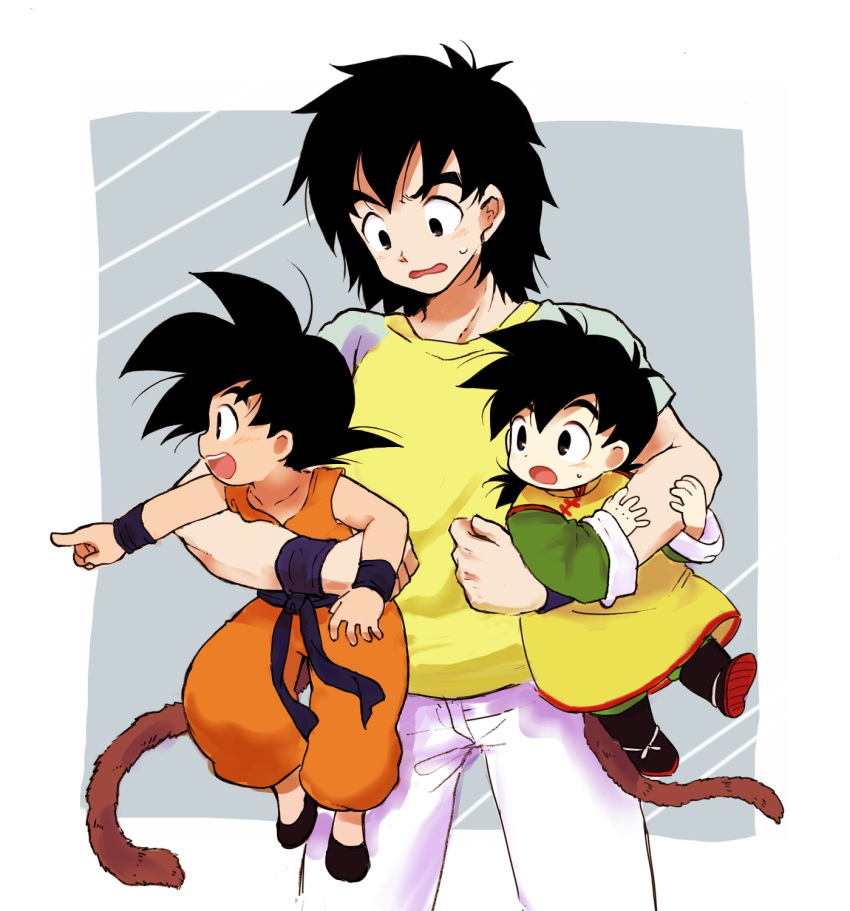 3boys :d :o age_difference black_eyes black_footwear black_hair brothers carrying d: denim dougi dragon_ball dragon_ball_(classic) dragonball_z father_and_son full_body grey_background happy highres index_finger_raised jeans looking_away male_focus multiple_boys nervous nishi1225 open_mouth pants pointing profile shaded_face shirt short_hair siblings simple_background smile son_gohan son_gokuu son_goten spiky_hair standing sweatdrop tail time_paradox two-tone_background upper_body wavy_mouth white_background white_pants wristband yellow_shirt