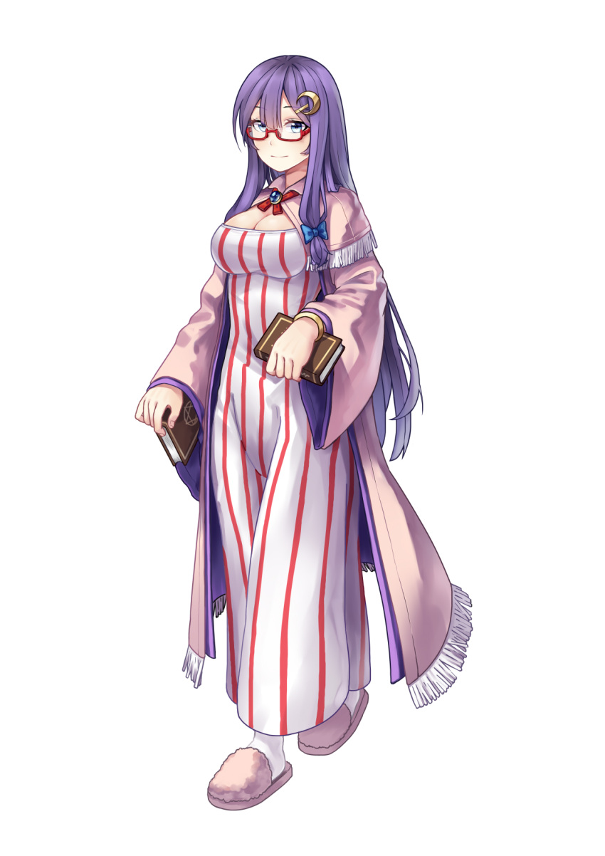 1girl bespectacled blue_bow book bow bracelet breasts capelet cat-quest-sun cleavage commentary_request crescent crescent_hair_ornament full_body glasses hair_ornament highres holding holding_book jewelry light_smile long_sleeves looking_at_viewer medium_breasts no_hat no_headwear patchouli_knowledge purple_hair red-framed_eyewear red_bow red_neckwear simple_background slippers smile solo touhou violet_eyes walking white_background