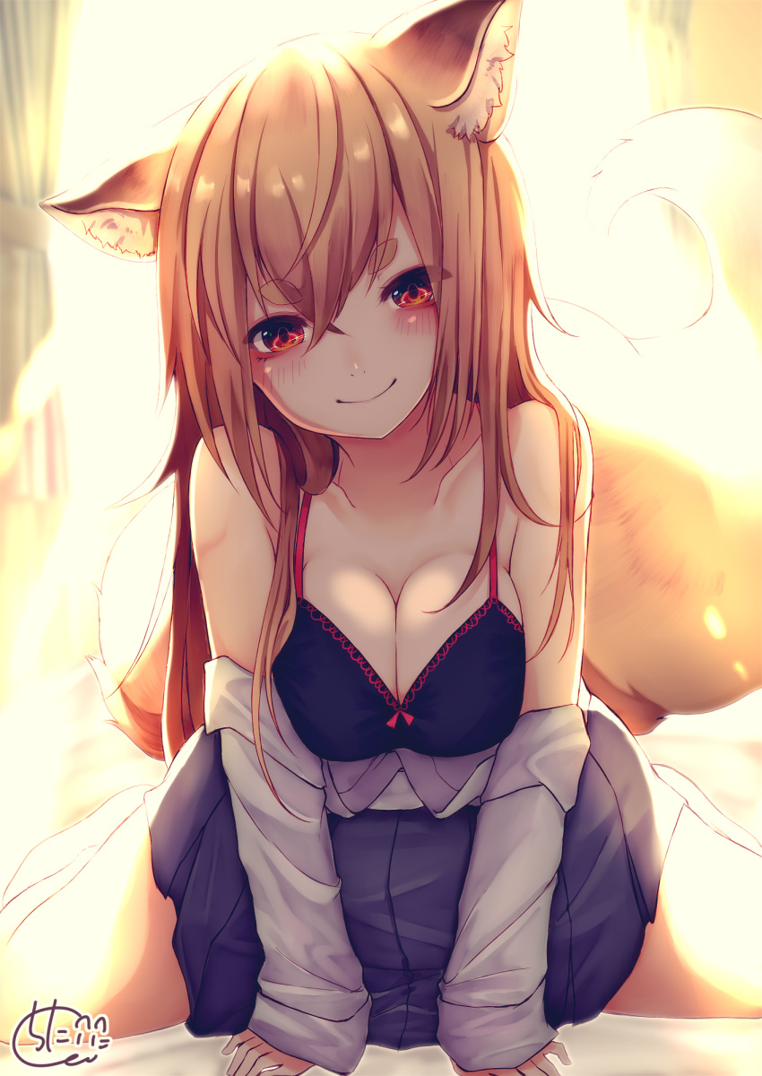1girl animal_ear_fluff animal_ears backlighting bangs bare_shoulders black_bra blue_skirt blush bow bow_bra bra breast_squeeze breasts brown_hair chita_(ketchup) cleavage closed_mouth collarbone commentary_request curtains eyebrows_visible_through_hair fox_ears fox_girl fox_tail hair_between_eyes head_tilt highres light_brown_hair long_hair long_sleeves looking_at_viewer medium_breasts off_shoulder original pleated_skirt red_eyes ribbon shirt short_eyebrows signature sitting skirt sleeves_past_wrists smile solo sunlight tail tail_ribbon thick_eyebrows underwear very_long_hair wariza white_shirt