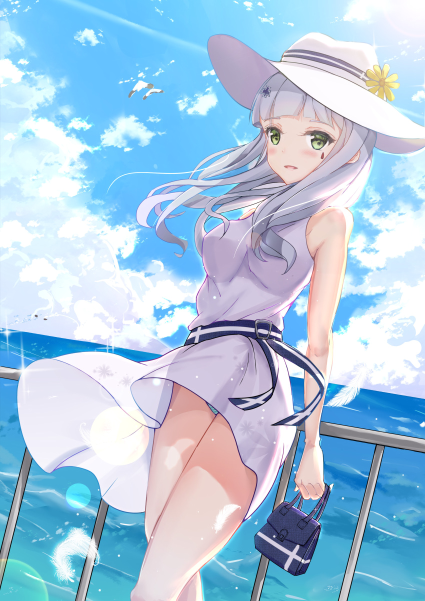 1girl absurdres alternate_costume arms_behind_back bag bangs belt bird blue_panties blue_sky blunt_bangs blush breasts casual clouds day dress eyebrows_visible_through_hair facial_mark feathers floating_hair girls_frontline green_eyes hair_ornament hat highres hk416_(girls_frontline) holding holding_bag locked_boy long_hair looking_at_viewer medium_breasts open_mouth outdoors panties pantyshot pantyshot_(standing) sidelocks silver_hair sky sleeveless sleeveless_dress smile solo sparkle standing striped striped_panties sun_hat sunlight teardrop thighs underwear very_long_hair white_dress wind wind_lift