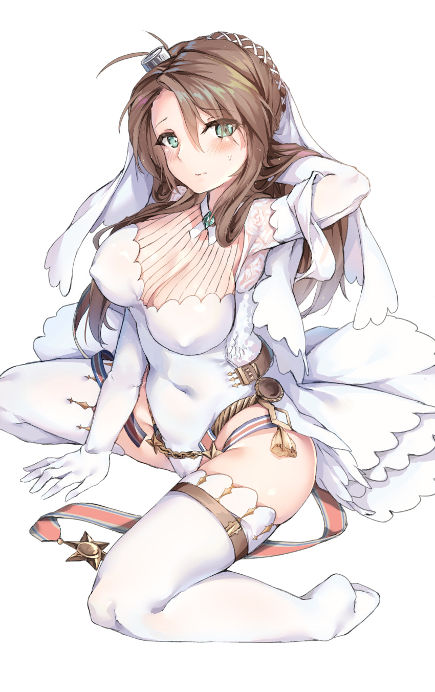 1girl absurdres alternate_costume arm_support arm_up bangs blush braid breasts bridal_veil brown_hair closed_mouth covered_navel covered_nipples crown_braid dress elbow_gloves french_braid girls_frontline gloves green_eyes hair_ornament hand_behind_head hansal highres large_breasts lee-enfield_(girls_frontline) leotard long_hair looking_at_viewer simple_background sitting solo thigh-highs thighs uniform veil wariza wedding_dress white_background white_gloves white_legwear white_leotard