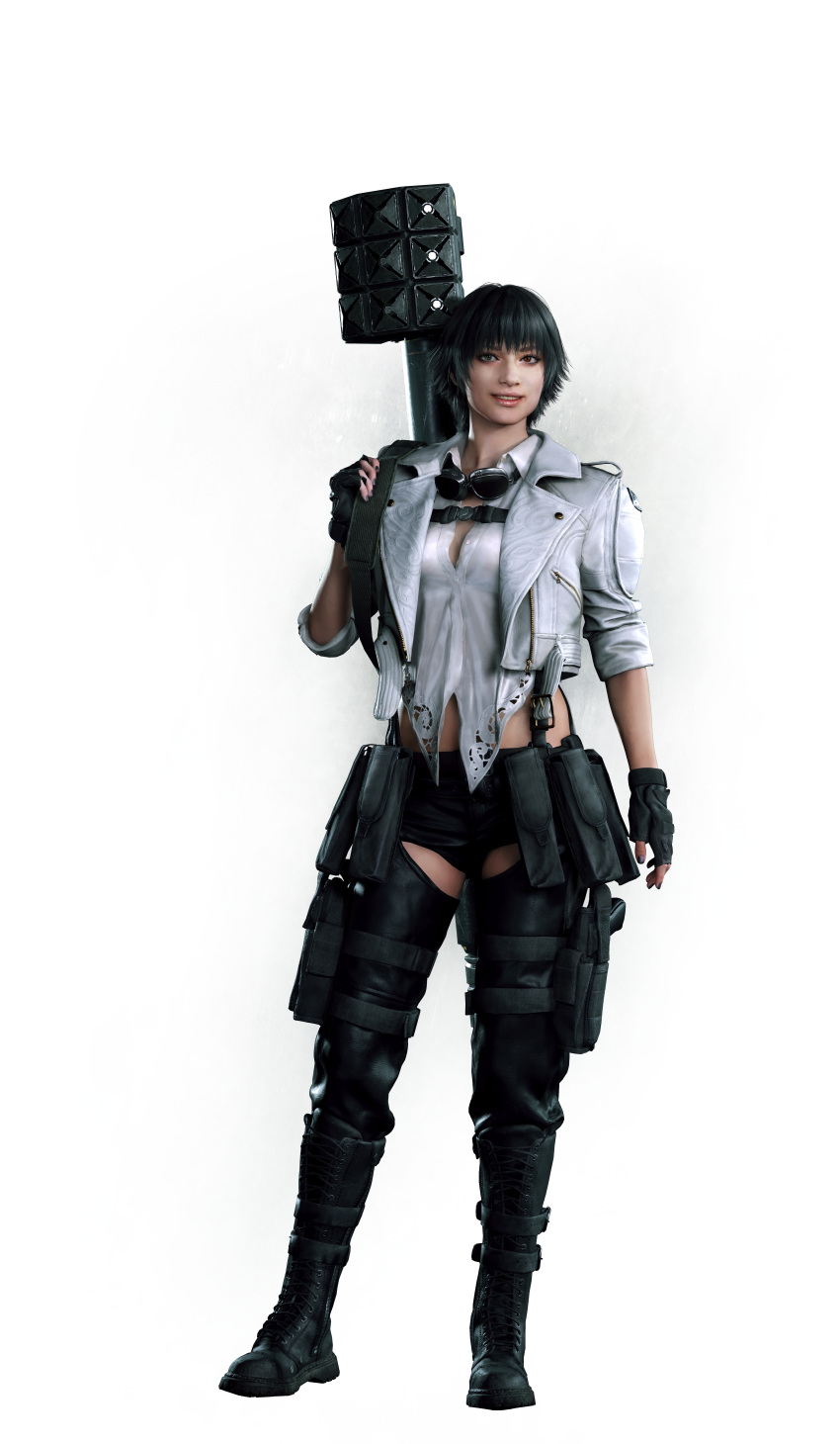1girl absurdres bazooka black_hair black_legwear boots capcom chaps devil_may_cry devil_may_cry_5 fingerless_gloves full_body gloves goggles goggles_around_neck highres jacket lady_(devil_may_cry) looking_at_viewer official_art realistic short_hair simple_background smile solo suspenders weapon weapon_on_back