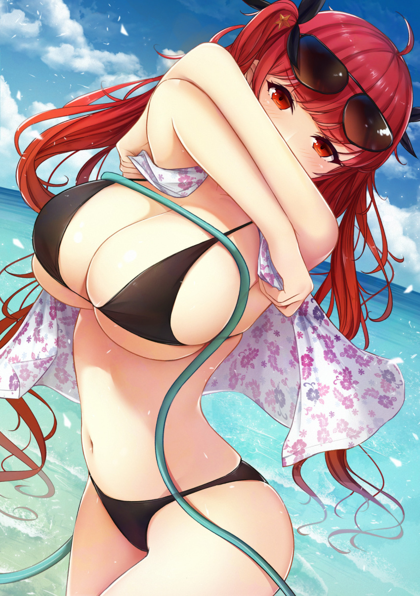 1girl arched_back azur_lane bangs bikini black_bikini black_ribbon blue_sky blush breasts cleavage clouds cloudy_sky commentary_request cowboy_shot day embarrassed eyebrows_visible_through_hair eyewear_on_head fou_zi groin hair_between_eyes hair_ribbon highres honolulu_(azur_lane) hose huge_breasts long_hair looking_at_viewer midriff navel ocean outdoors redhead ribbon sideboob sky solo stomach sunglasses swimsuit thighs twintails under_boob undressing water wet wet_clothes