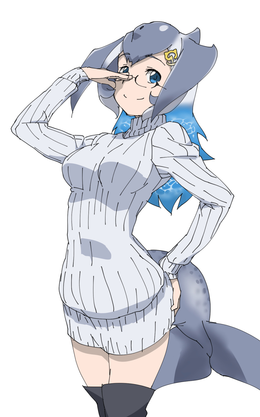 1girl anchor_hair_ornament aqua_hair blowhole blue_whale_(kemono_friends) boots commentary_request cowboy_shot dress eyebrows_visible_through_hair glasses grey_hair hair_ornament hand_on_eyewear hand_on_hip highres kemono_friends long_hair long_sleeves multicolored_hair smile solo sweater sweater_dress tail tanabe_(fueisei) thigh-highs thigh_boots turtleneck whale_tail_(animal_tail) white_hair