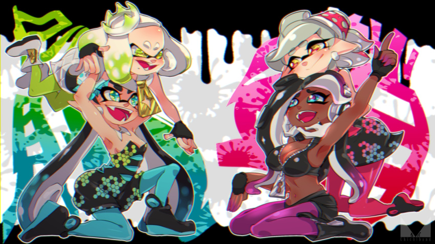 4girls alternate_eye_color ankle_boots aori_(splatoon) arm_up arms_up black_dress black_footwear black_gloves black_shirt black_shorts black_skin blue_hair blue_legwear blurry boots breasts brown_eyes chichi_band cleavage closed_mouth cousins crop_top crown detached_collar dress fangs fingerless_gloves gloves gradient_hair green_hair green_legwear grey_hair head_tilt hime_(splatoon) hotaru_(splatoon) iida_(splatoon) kneeling lifting_person long_hair medium_breasts multicolored multicolored_background multicolored_hair multiple_girls navel nintendo octarian open_mouth paint_splatter pantyhose pantyhose_under_shorts pointing pointing_up purple_legwear red_legwear shirt short_dress short_hair short_jumpsuit shorts sitting sleeveless sleeveless_dress smile splatoon splatoon_1 splatoon_2 strapless strapless_dress wariza white_dress white_footwear white_hair zipper_pull_tab