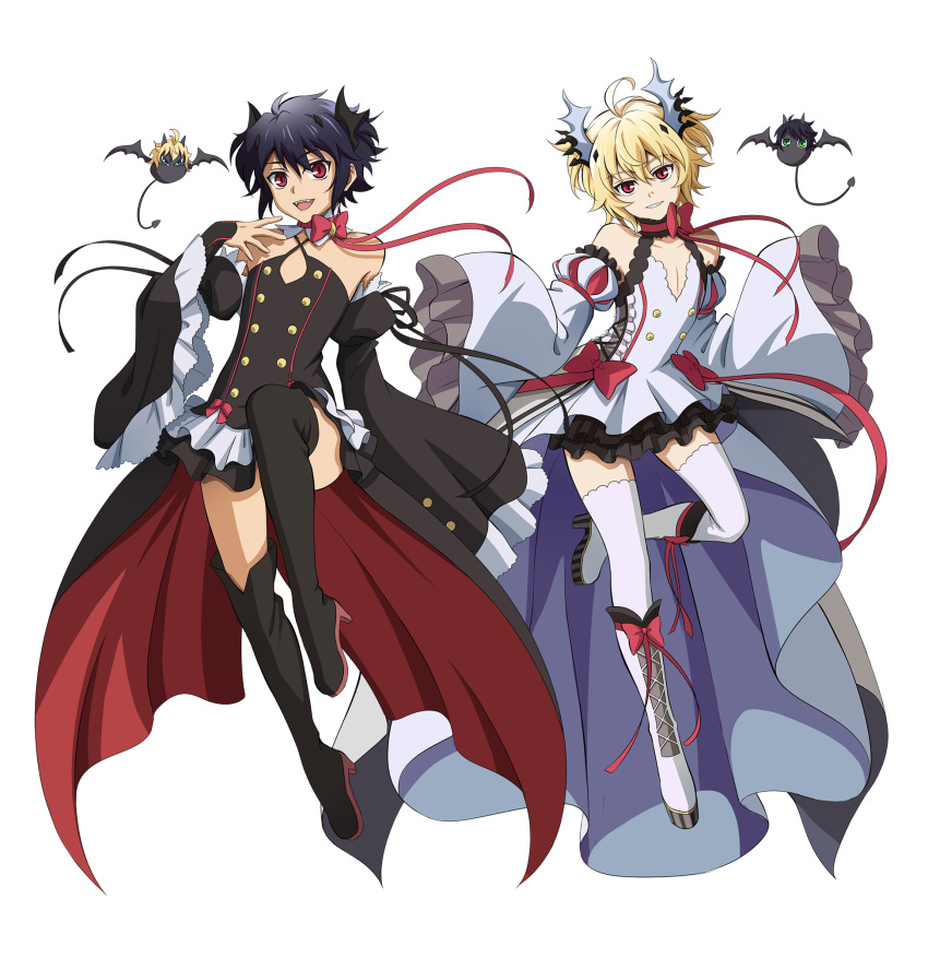 2boys :d ahoge black_dress black_footwear black_hair black_skirt blonde_hair boots bow choker collarbone cosplay crossdressinging detached_sleeves dress fang fcc hair_between_eyes halterneck head_tilt highres hyakuya_mikaela hyakuya_yuuichirou knee_boots krul_tepes krul_tepes_(cosplay) layered_skirt leg_up looking_at_viewer male_focus miniskirt multiple_boys official_style open_mouth owari_no_seraph red_bow red_eyes short_dress skirt sleeveless sleeveless_dress smile standing standing_on_one_leg thigh-highs thigh_boots vampire white_footwear white_legwear wide_sleeves zettai_ryouiki