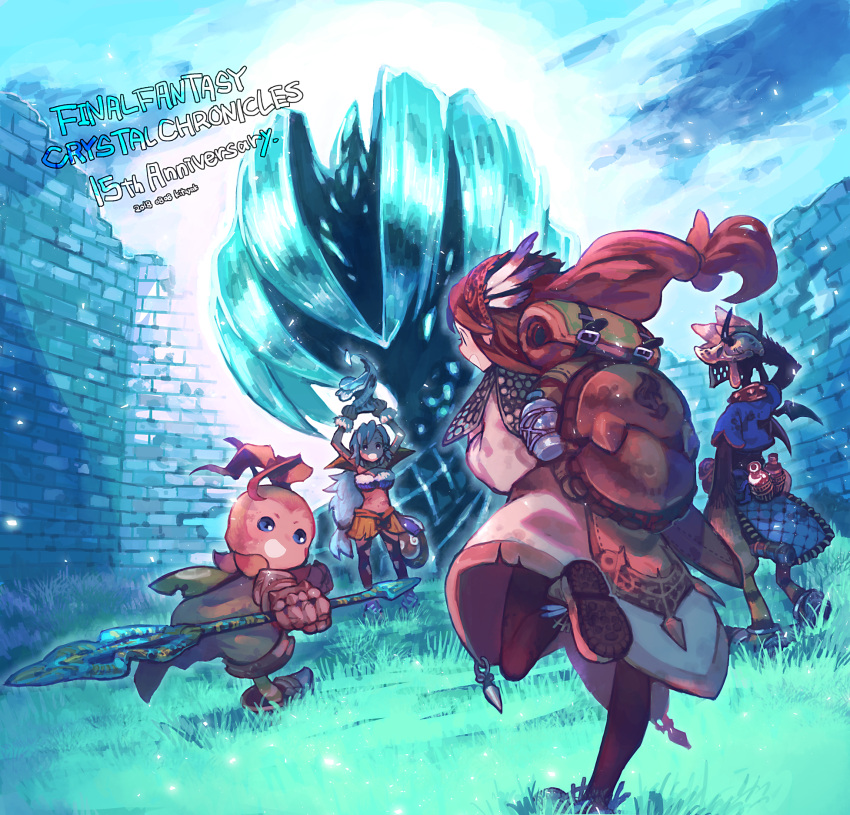 1boy 1other 2018 2girls :d anniversary arms_up backpack bag bat_wings black_legwear black_wings blue_eyes blue_hair breasts brown_hair clavat copyright_name dated dress feathers final_fantasy final_fantasy_crystal_chronicles grass highres holding holding_spear holding_weapon kitaya large_breasts leg_up lilty long_hair low-tied_long_hair multiple_girls open_mouth pantyhose polearm selkie smile spear weapon white_dress wings yuke