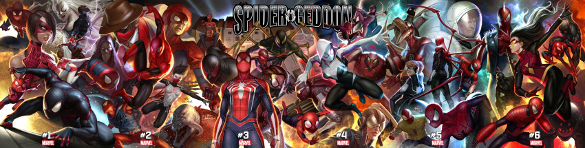 6+boys 6+girls absurdres backpack bag bodysuit brown_hair cowboy_hat epic fighting_stance goggles gwen_stacy hat highres hood hoodie in-hyuk_lee leopardon looking_at_viewer marvel mary_jane_watson mecha mechanical_arms monster monster_boy multiple_boys multiple_girls multiple_persona official_art peter_parker pose scarlet_spider silk silk_(marvel) spider-girl spider-ham spider-man spider-man_(2099) spider-man_(miles_morales) spider-man_(series) spider-man_noir spider-punk spider-uk spider-woman spider_web spider_web_print spikes superhero superior_spider-man sweater torn_bodysuit torn_clothes torn_sleeves