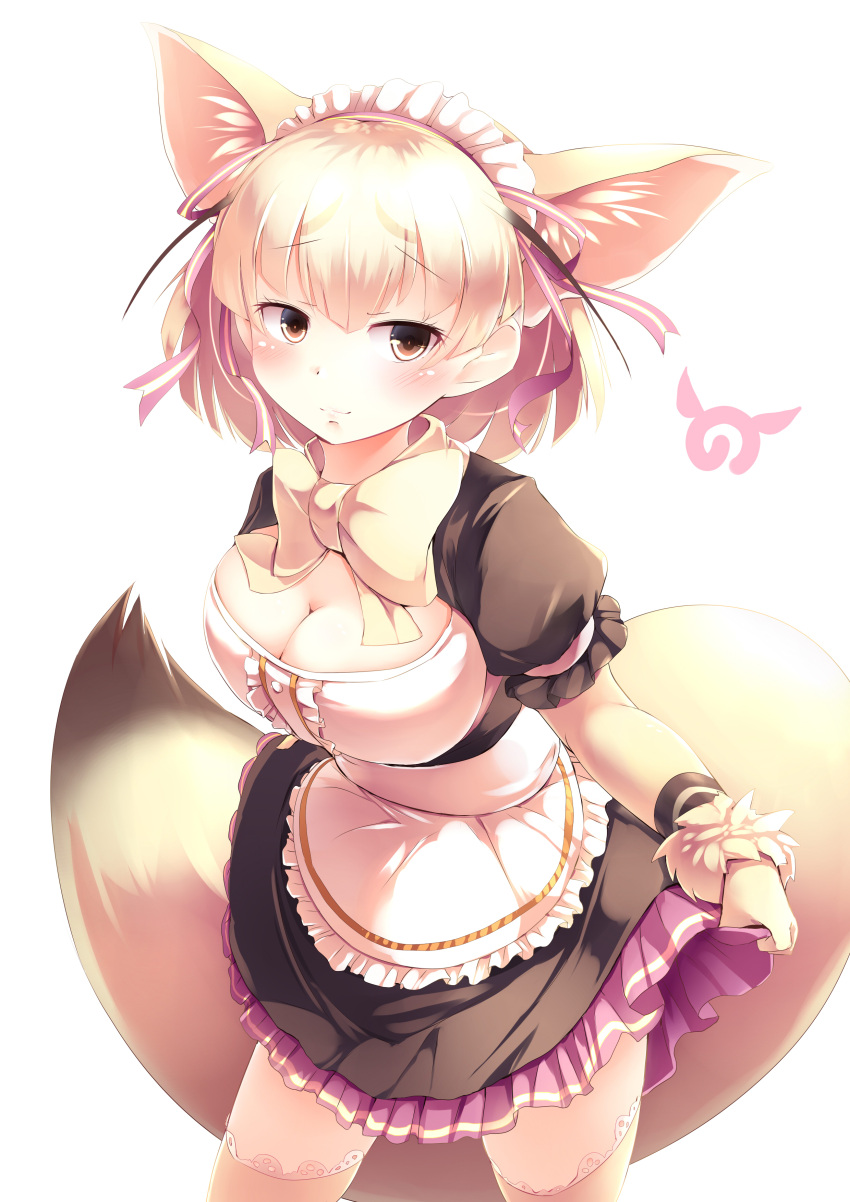 absurdres alternate_costume animal_ears apron blonde_hair blush bow bowtie center_frills commentary_request curtsey dress enmaided eyebrows_visible_through_hair fennec_(kemono_friends) fox_ears fox_tail frilled_dress frills fur_trim highres japari_symbol kanzakietc kemono_friends kemono_friends_festival maid maid_apron maid_headdress multicolored_hair puffy_short_sleeves puffy_sleeves short_hair short_sleeves tail thigh-highs zettai_ryouiki
