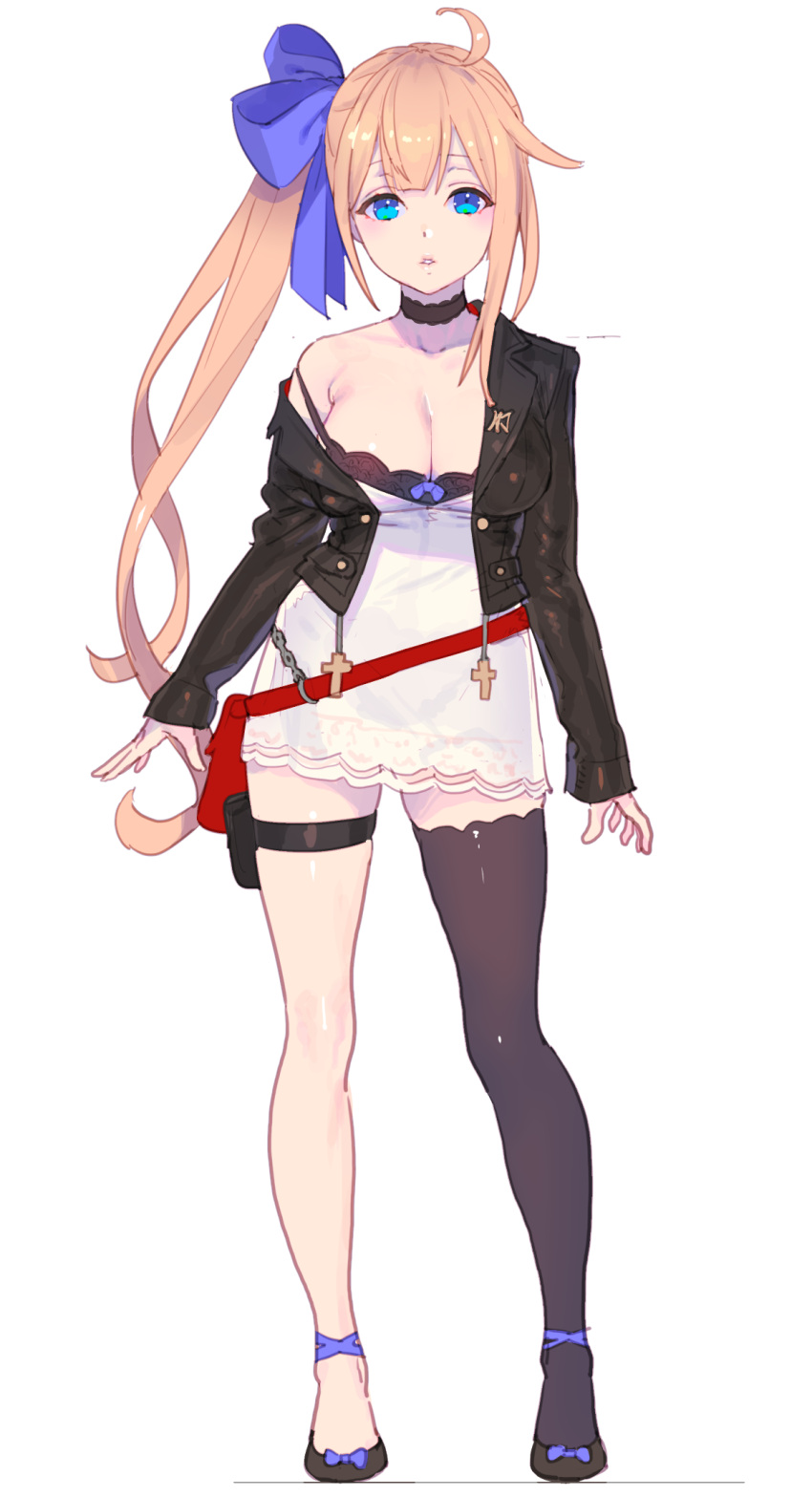 1girl ahoge arms_at_sides black_bra black_legwear blue_eyes bow bra breasts cleavage cropped_jacket dress fal_(girls_frontline) full_body girls_frontline hair_bow hair_ribbon highres jacket large_breasts light_brown_hair lips long_hair long_sleeves looking_at_viewer nagisa_kurousagi off_shoulder open_clothes open_jacket parted_lips ribbon short_dress side_ponytail sidelocks single_thighhigh solo standing strap_slip thigh-highs thigh_strap underwear very_long_hair white_dress