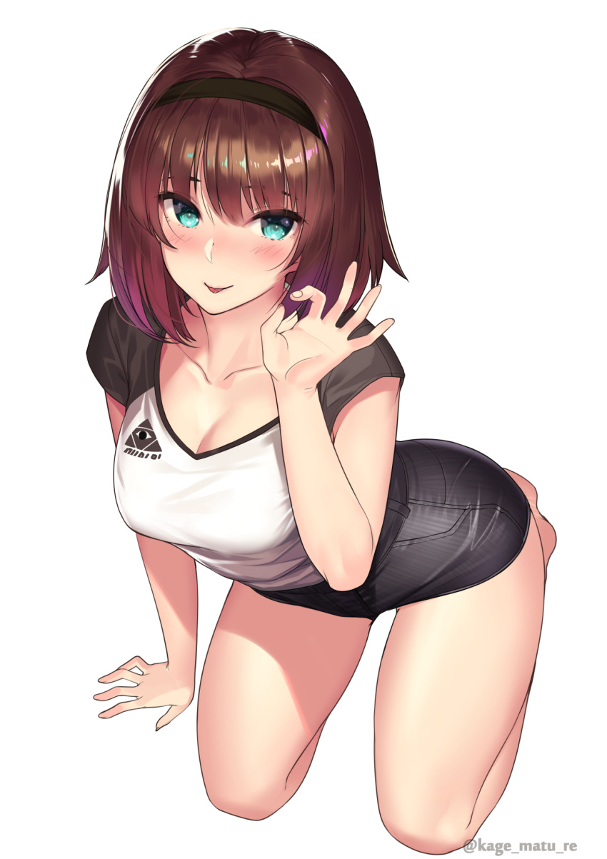 1girl arm_support artist_name bangs bare_legs barefoot black_hairband black_shorts black_sleeves blue_eyes blush breasts brown_hair cleavage collarbone denim denim_shorts full_body hairband hand_gesture highres kagematsuri looking_at_viewer medium_breasts original seiza shiny shiny_hair shirt short_hair short_shorts short_sleeves shorts simple_background sitting solo t-shirt tongue tongue_out twitter_username white_background white_shirt