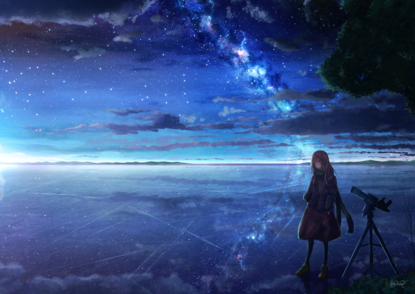 1girl artist_name blush brown_hair closed_mouth clouds eyebrows_visible_through_hair highres kumeki_(kk4615) long_hair looking_at_viewer night night_sky original outdoors scenery signature sky solo standing star_(sky) starry_sky telescope tree violet_eyes