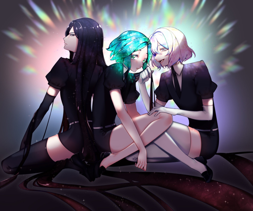 3others androgynous aqua_eyes aqua_hair black_eyes black_hair bort colored_eyelashes crystal_hair diamond_(houseki_no_kuni) elbow_gloves eyebrows_visible_through_hair gem_uniform_(houseki_no_kuni) gloves glowing green_eyes green_hair highres houseki_no_kuni long_hair looking_at_viewer looking_back multicolored multicolored_eyes multicolored_hair multiple_others necktie phosphophyllite rainbow_eyes rainbow_hair short_hair sitting smile thigh-highs very_long_hair