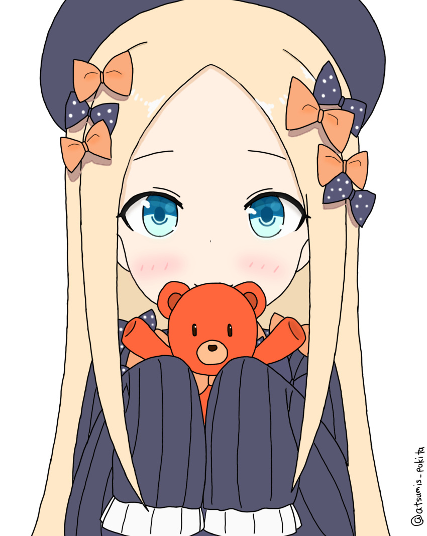 1girl abigail_williams_(fate/grand_order) absurdres atsumisu bangs black_bow black_dress black_hat blonde_hair blue_eyes blush bow closed_mouth commentary_request dress fate/grand_order fate_(series) forehead hair_bow hat highres holding holding_stuffed_animal long_hair long_sleeves orange_bow parted_bangs polka_dot polka_dot_bow simple_background sleeves_past_fingers sleeves_past_wrists smile solo stuffed_animal stuffed_toy teddy_bear twitter_username very_long_hair white_background