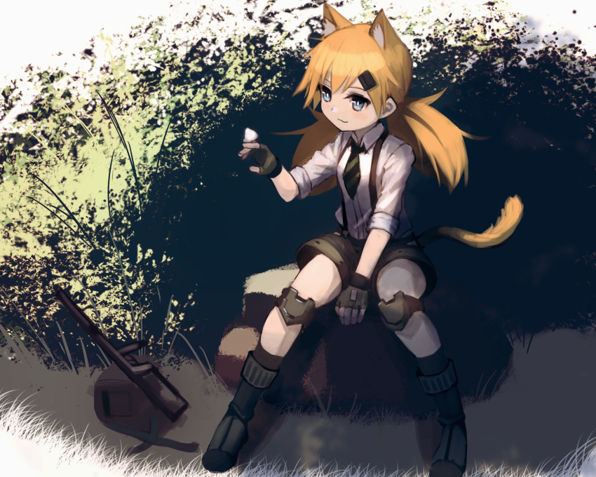 1girl :3 animal_ears bangs black_footwear black_gloves black_legwear black_neckwear blonde_hair blue_eyes boots bug butterfly butterfly_on_hand cat_ears cat_tail collared_shirt commentary_request fingerless_gloves full_body girls_frontline gloves grass gun hair_ornament hairclip hara_shoutarou highres idw_(girls_frontline) insect knee_pads long_hair looking_to_the_side low_twintails necktie rock shirt shorts sitting sleeves_rolled_up smile socks solo submachine_gun suspender_shorts suspenders tail twintails weapon white_shirt wing_collar