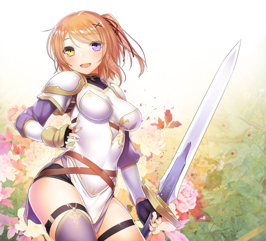 1girl 47agdragon :d armor belt black_gloves blush breasts brown_hair commentary_request contrapposto cowboy_shot dress eyebrows_visible_through_hair fingerless_gloves flower gloves hair_ornament hair_ribbon hairclip heterochromia holding holding_sword holding_weapon large_breasts leg_strap long_sleeves looking_at_viewer open_mouth pelvic_curtain pink_flower pink_rose red_ribbon ribbon rose short_dress short_hair shoulder_armor smile solo spaulders sword tensei_kyuuketsuki_san_wa_ohirune_ga_shitai violet_eyes weapon x_hair_ornament yellow_eyes