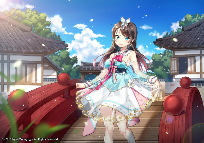 1girl :d absurdres bare_shoulders blue_eyes blue_sky blurry blurry_foreground blush breasts bridge brown_hair building clouds commentary day depth_of_field hanbok head_tilt highres huge_filesize korean_clothes long_hair looking_at_viewer medium_breasts moong_gya open_mouth original outdoors petals pleated_skirt round_teeth see-through skirt skirt_hold sky smile solo standing symbol_commentary teeth upper_teeth very_long_hair white_skirt