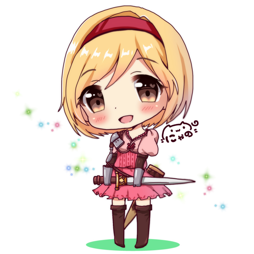 1girl :d bangs blonde_hair blush boots brown_eyes brown_footwear brown_legwear chibi commentary_request djeeta_(granblue_fantasy) eyebrows_visible_through_hair full_body gauntlets hair_between_eyes hairband head_tilt highres holding holding_sword holding_weapon looking_at_viewer nyano21 open_mouth pink_shirt pink_skirt pleated_skirt princess_connect! princess_connect!_re:dive puffy_short_sleeves puffy_sleeves red_hairband shirt short_hair short_sleeves signature skirt smile solo sparkle sword thigh-highs thigh_boots weapon white_background