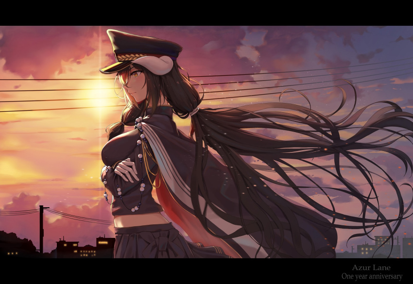 1girl 5555_96 alternate_costume arms_under_breasts azur_lane bangs black_hair breasts cape cityscape closed_mouth epaulettes floating_hair from_side gloves hair_between_eyes hat highres horns jacket letterboxed light_particles long_hair long_sleeves looking_afar medium_breasts midriff mikasa_(azur_lane) military military_uniform power_lines sidelocks skirt solo sunset uniform white_gloves wind wind_lift