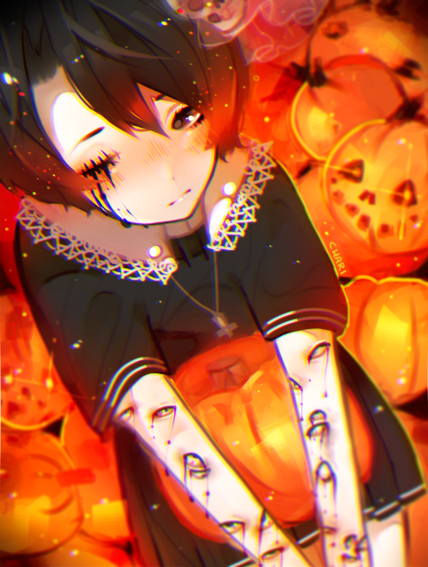 1girl artist_name black_shirt black_skirt blush brown_hair chariko chromatic_aberration closed_mouth commentary english_commentary extra_eyes halloween highres jack-o'-lantern jewelry long_sleeves looking_at_viewer necklace nose_blush original phone pleated_skirt pumpkin shirt short_hair short_sleeves skirt solo stitches