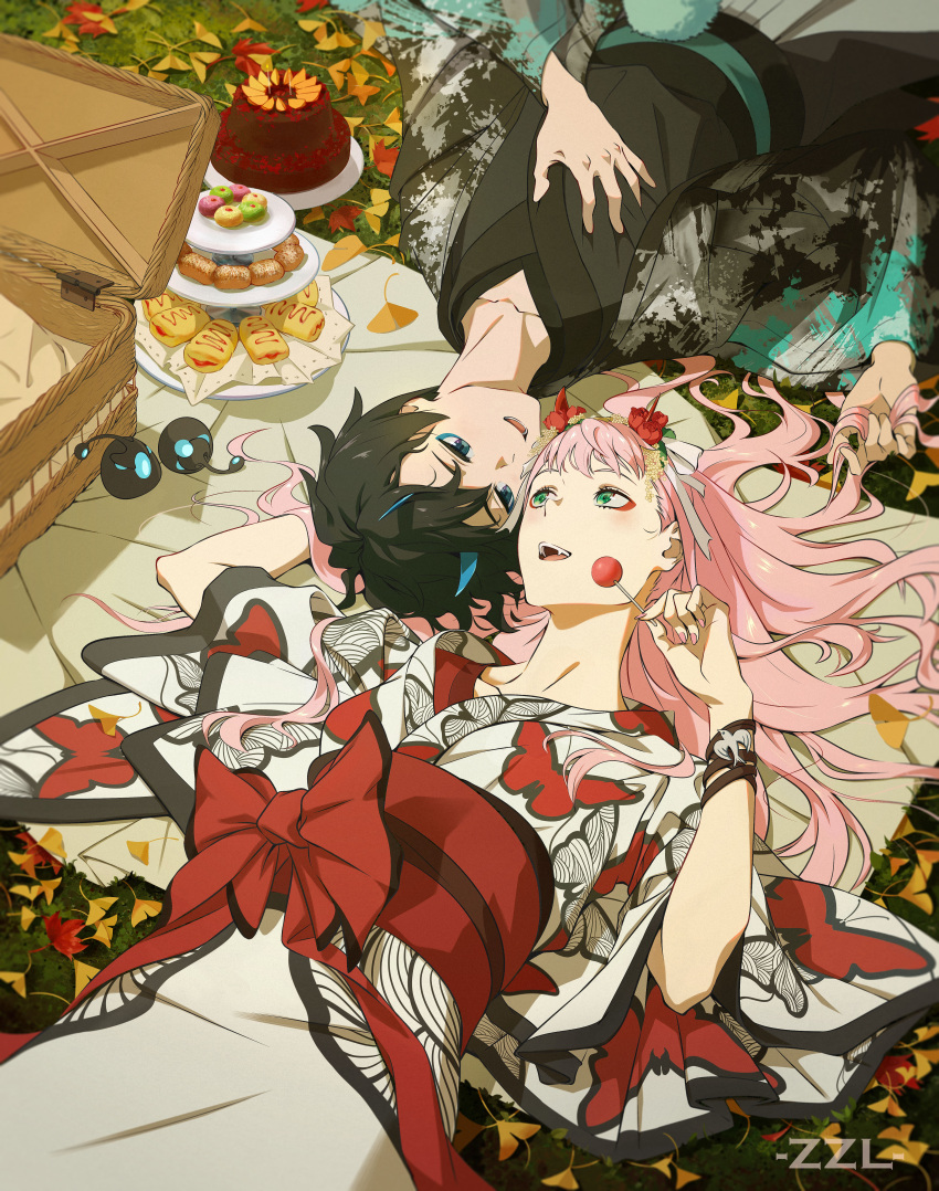 1boy 1girl absurdres alternate_costume animal_print black_kimono blue_horns butterfly_print cake candy couple darling_in_the_franxx eye_contact eyeliner food green_eyes hairband hetero highres hiro_(darling_in_the_franxx) japanese_clothes kimono lollipop looking_at_another lying makeup multiple_girls oni_horns picnic_basket pink_hair red_horns white_hairband white_kimono zero_two_(darling_in_the_franxx) zzl