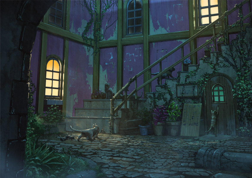 arch aruken cat commentary_request door grass ivy kitten night no_humans original outdoors plant pot potted_plant railing ruins scenery stairs window