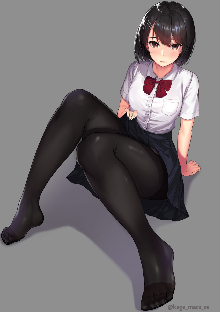 1girl arm_support artist_name bangs black_hair black_legwear blouse blue_skirt blush bow bowtie brown_eyes buttons closed_mouth full_body grey_background hair_ornament hairclip highres kagematsuri knees_up lifted_by_self looking_at_viewer no_shoes original pantyhose pleated_skirt red_bow school_uniform shadow shiny shiny_skin short_hair short_sleeves simple_background sitting skirt skirt_lift solo twitter_username white_blouse