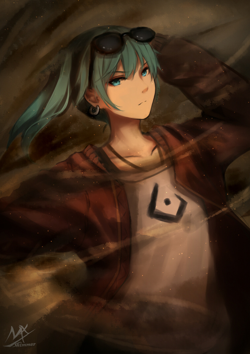 1girl arm_up artist_name black-framed_eyewear closed_mouth collarbone commentary_request earrings eyewear_on_head glasses green_eyes green_hair hatsune_miku highres jacket jewelry long_hair long_sleeves looking_at_viewer open_clothes open_jacket print_shirt red_jacket shimmer shirt signature solo suna_no_wakusei_(vocaloid) twintails vocaloid white_shirt