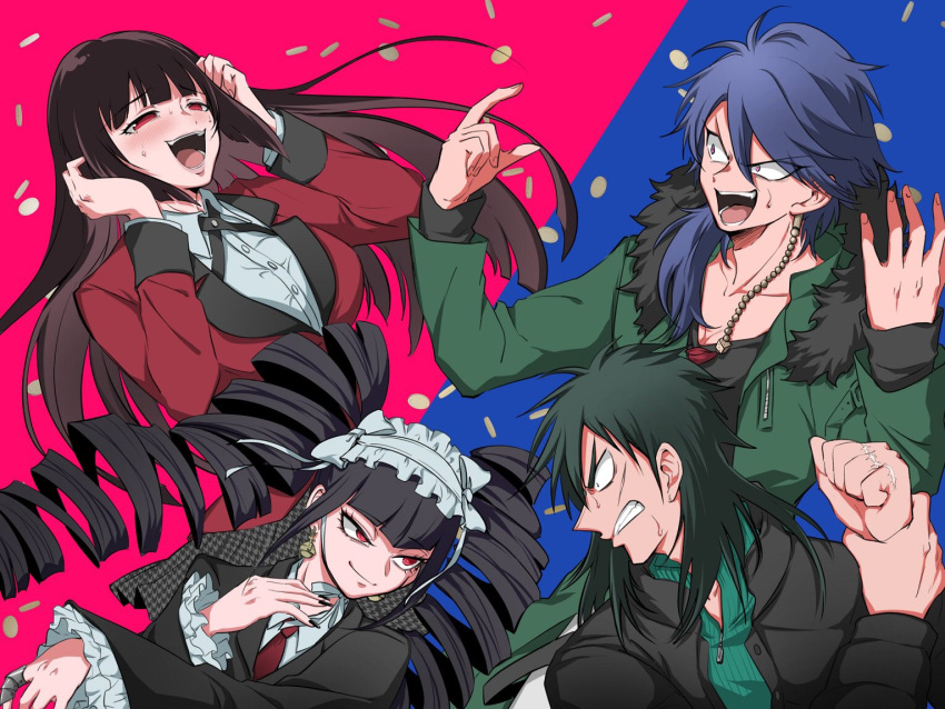 2boys 2girls arisugawa_dice black_hair black_nails blazer blue_hair celestia_ludenberck coin crossover dangan_ronpa dangan_ronpa_1 drill_hair gothic_lolita hime_cut hypnosis_mic itou_kaiji jabami_yumeko jacket kaiji kakegurui lolita_fashion long_hair maid_headdress multicolored multicolored_background multiple_boys multiple_crossover multiple_girls nail_polish red_eyes scar school_uniform shachoo_(poco_poco) simple_background sweat trait_connection twin_drills two-tone_background very_long_hair