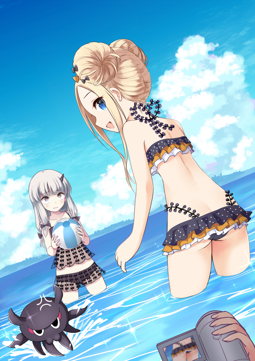 2girls :d abigail_williams_(fate/grand_order) anger_vein animal ass ball bangs bare_arms bare_shoulders beachball bikini black_bikini black_bow blonde_hair blue_eyes blue_sky blush bow brown_eyes camcorder clouds cloudy_sky commentary_request day double_bun emerald_float eyebrows_visible_through_hair fate/grand_order fate_(series) fingernails hair_bow highres holding holding_ball horn kamekichi_(kamekiti) lavinia_whateley_(fate/grand_order) long_hair looking_at_viewer looking_back multiple_girls ocean octopus open_mouth orange_bow out_of_frame outdoors parted_bangs polka_dot polka_dot_bow see-through side_bun sidelocks silver_hair sky smile standing swimsuit tokitarou_(fate/grand_order) wading water