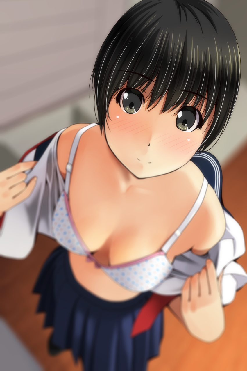 1girl absurdres bangs bare_shoulders black_hair blue_sailor_collar blue_skirt blurry blurry_foreground blush bow bow_bra bra breasts brown_eyes closed_mouth depth_of_field eyebrows_visible_through_hair from_above hair_between_eyes highres indoors looking_at_viewer looking_up matsunaga_kouyou medium_breasts nose_blush off_shoulder open_clothes open_shirt original pleated_skirt polka_dot polka_dot_bra red_neckwear sailor_collar school_uniform serafuku shirt short_hair short_sleeves skirt smile solo standing underwear white_bra white_shirt wooden_floor