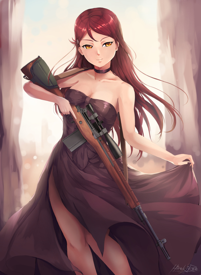 1girl artist_name bare_shoulders battle_rifle black_choker black_dress black_nails breasts choker cleavage collarbone commentary dress english_commentary gun hair_ornament hairclip highres hiroki_ree holding holding_gun holding_weapon long_hair love_live! love_live!_sunshine!! m14 nail_polish redhead rifle sakurauchi_riko side_slit skirt_hold smile solo strapless strapless_dress weapon yellow_eyes