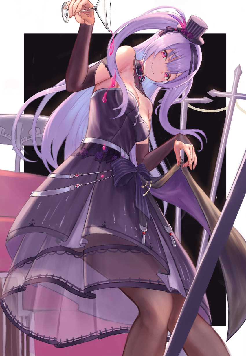 1girl absurdres ajax_(azur_lane) alcohol alternate_costume arm_up azur_lane bangs bare_shoulders black_bow black_dress black_footwear black_hat blush bow breasts bridal_gauntlets brown_legwear cannon commentary_request cup dress dress_lift drinking_glass eyebrows_visible_through_hair floating_hair flower hair_bow hat hat_flower hayataku1234 head_tilt high_heels highres holding holding_cup legs_crossed lifted_by_self long_hair long_sleeves mini_hat mini_top_hat pantyhose pouring purple_flower purple_hair purple_rose rose see-through shoes small_breasts smile stairs standing strapless strapless_dress striped table tilted_headwear top_hat tsurime two_side_up vertical-striped_hat vertical_stripes very_long_hair violet_eyes wine wine_glass
