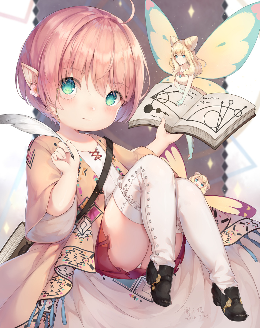 2018 3girls ayuanlv black_footwear blonde_hair blue_eyes book closed_mouth dated earrings eos_(ff14) eyebrows_visible_through_hair eyes_visible_through_hair fairy fairy_wings final_fantasy final_fantasy_xiv flower flower_earrings highres holding holding_book jewelry lalafell long_hair minigirl miniskirt monocle multiple_girls open_book panties pantyshot pink_flower pink_hair pointy_ears quill red_skirt selene_(ff14) shoes skirt sleeves_past_elbows thigh-highs thighs underwear white_legwear white_panties wings yellow_wings