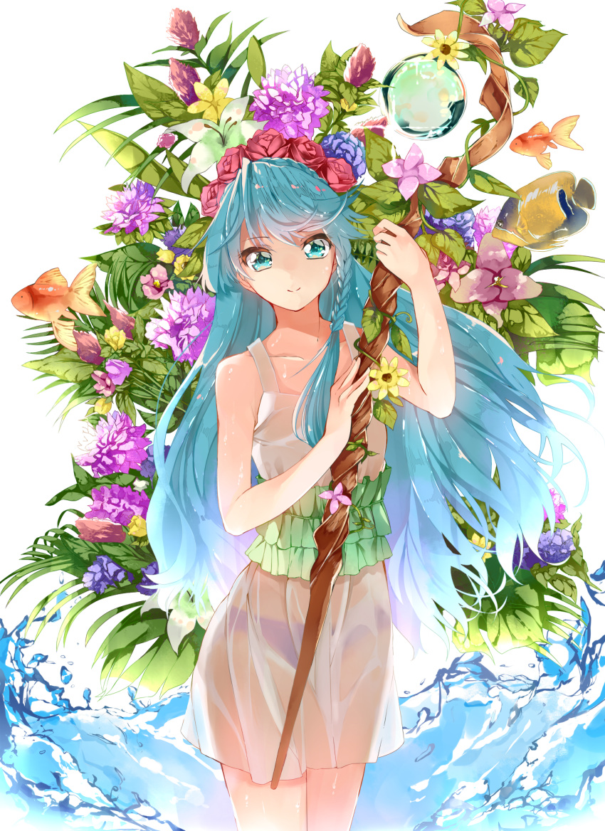 1girl aqua_eyes aqua_hair bikini_bottom braid butterflyfish commentary_request cowboy_shot crown_braid dress fish flower flower_request go!_princess_precure goldfish highres holding holding_staff kaidou_minami long_hair looking_at_viewer orb partial_commentary plant precure see-through smile solo staff sundress swimsuit water wet wet_clothes white_background yuutarou_(fukiiincho)