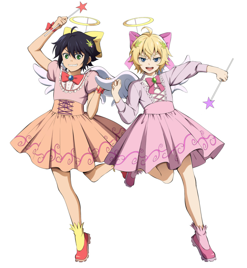 2boys :d ahoge black_hair blonde_hair blue_eyes bow bowtie crossdressinging fcc green_eyes grin hair_between_eyes hair_bow hair_ornament highres holding holding_wand hyakuya_mikaela hyakuya_yuuichirou leg_up looking_at_viewer magical_girl male_focus multiple_boys open_mouth orange_skirt owari_no_seraph pink_bow pink_footwear pink_legwear pink_shirt pink_skirt print_skirt red_bow red_footwear shiny shiny_hair shirt short_sleeves simple_background skirt smile socks standing standing_on_one_leg star wand white_background white_wings wings yellow_bow yellow_legwear