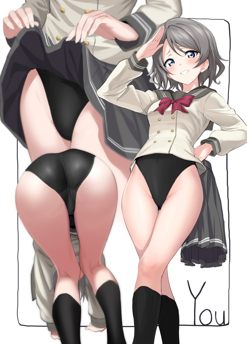1girl absurdres ass bent_over black_legwear black_swimsuit blue_eyes bow bowtie breasts brown_hair buttons character_name competition_swimsuit covered_navel grey_skirt grin hand_up highleg highleg_swimsuit highres hips kneehighs legs looking_at_viewer love_live! love_live!_sunshine!! multiple_views one-piece_swimsuit pleated_skirt red_neckwear sailor_collar salute school_uniform serafuku shirt short_hair simple_background skirt skirt_lift skirt_removed smile swimsuit swimsuit_under_clothes thighs ulrich_(tagaragakuin) uranohoshi_school_uniform waist watanabe_you white_background white_shirt