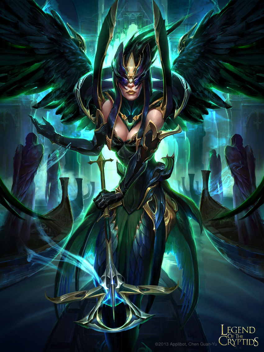 1girl artist_name black_hair boat breasts cleavage copyright_name feathered_wings gloves guan-yu_chen highres legend_of_the_cryptids long_hair magic mask official_art solo staff statue watercraft wings