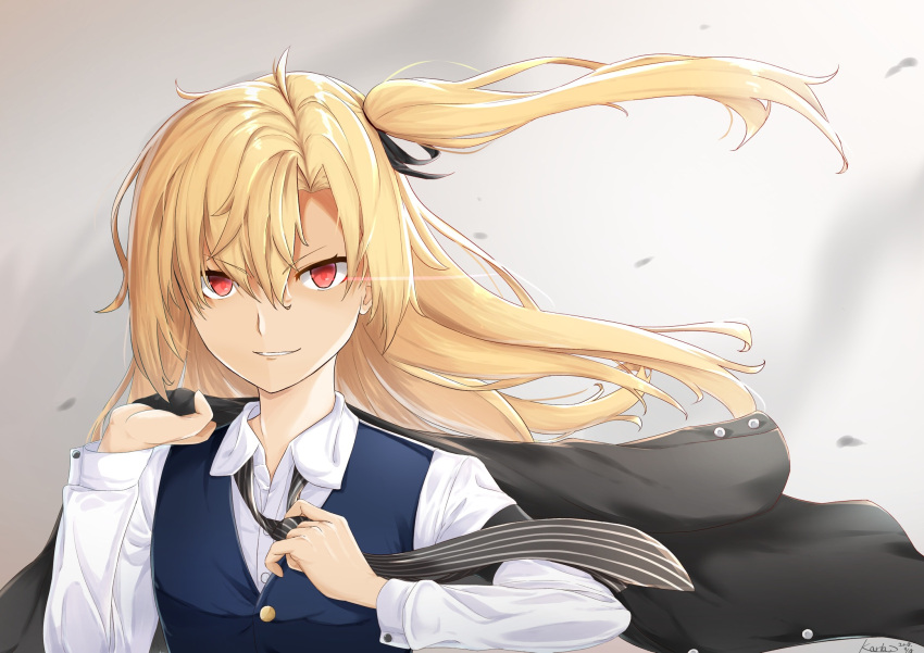 1girl alternate_costume azur_lane bangs black_ribbon blonde_hair cleveland_(azur_lane) collared_shirt commentary_request eyebrows_visible_through_hair floating_hair hair_between_eyes highres holding holding_jacket jacket jacket_removed kimidori3_karla long_hair looking_at_viewer loose_necktie necktie one_side_up parted_bangs parted_lips ponytail red_eyes ribbon shirt smile solo striped_neckwear vest white_shirt wind wind_lift