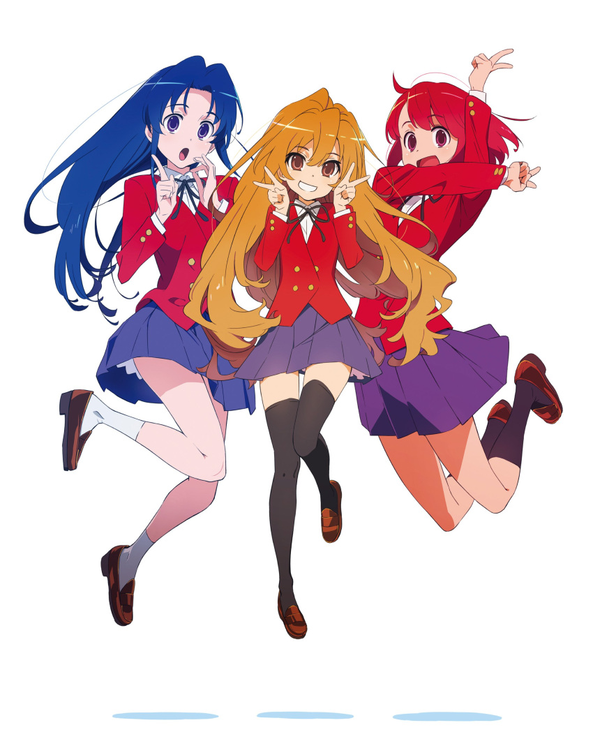 3girls absurdres aisaka_taiga artist_request black_legwear blue_hair blue_skirt brown_eyes brown_hair commentary_request double_v grin highres jacket kawashima_ami kneehighs kushieda_minori long_hair looking_at_viewer multiple_girls official_art oohashi_high_school_uniform open_mouth pleated_skirt red_eyes red_jacket redhead school_uniform short_hair simple_background skirt smile socks thigh-highs toradora! underskirt v violet_eyes white_background white_legwear