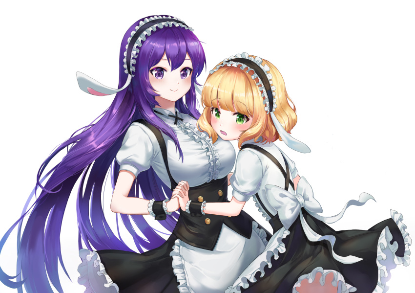 2girls absurdres apron blonde_hair blush breasts center_frills closed_mouth eyebrows_visible_through_hair fleur_de_lapin_uniform frilled_apron frills gochuumon_wa_usagi_desu_ka? green_eyes hair_down hairband hand_holding high-waist_skirt highres kirima_sharo large_breasts lolita_hairband long_hair multiple_girls open_mouth oso_5425 puffy_short_sleeves puffy_sleeves purple_hair shirt short_sleeves skirt smile tedeza_rize very_long_hair waist_apron white_apron white_background white_shirt wrist_cuffs